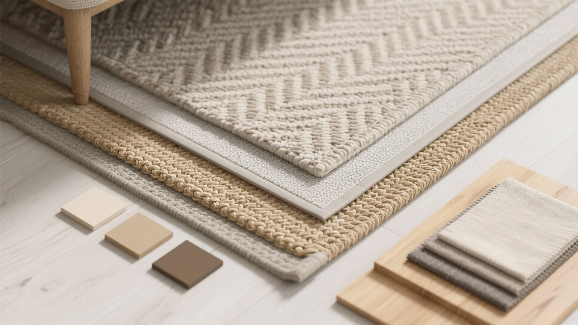 Flat lay of jute base rug, smaller flatweave, rug pad, tape, and neutral color chips in sand, oat, warm gray.