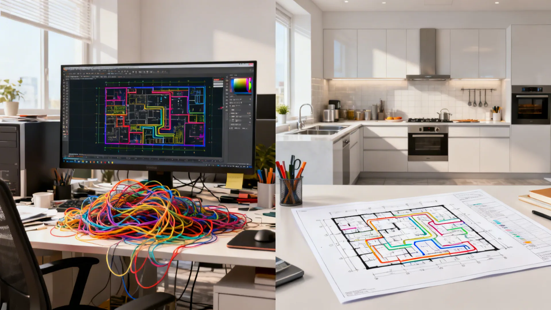 Before-and-after workspace showing chaotic layers versus a clean, organized kitchen plan.