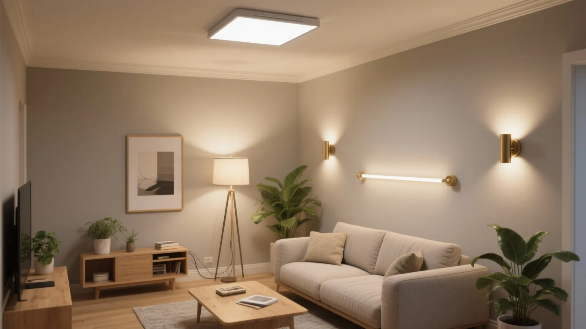 Layered lighting that stretches the room