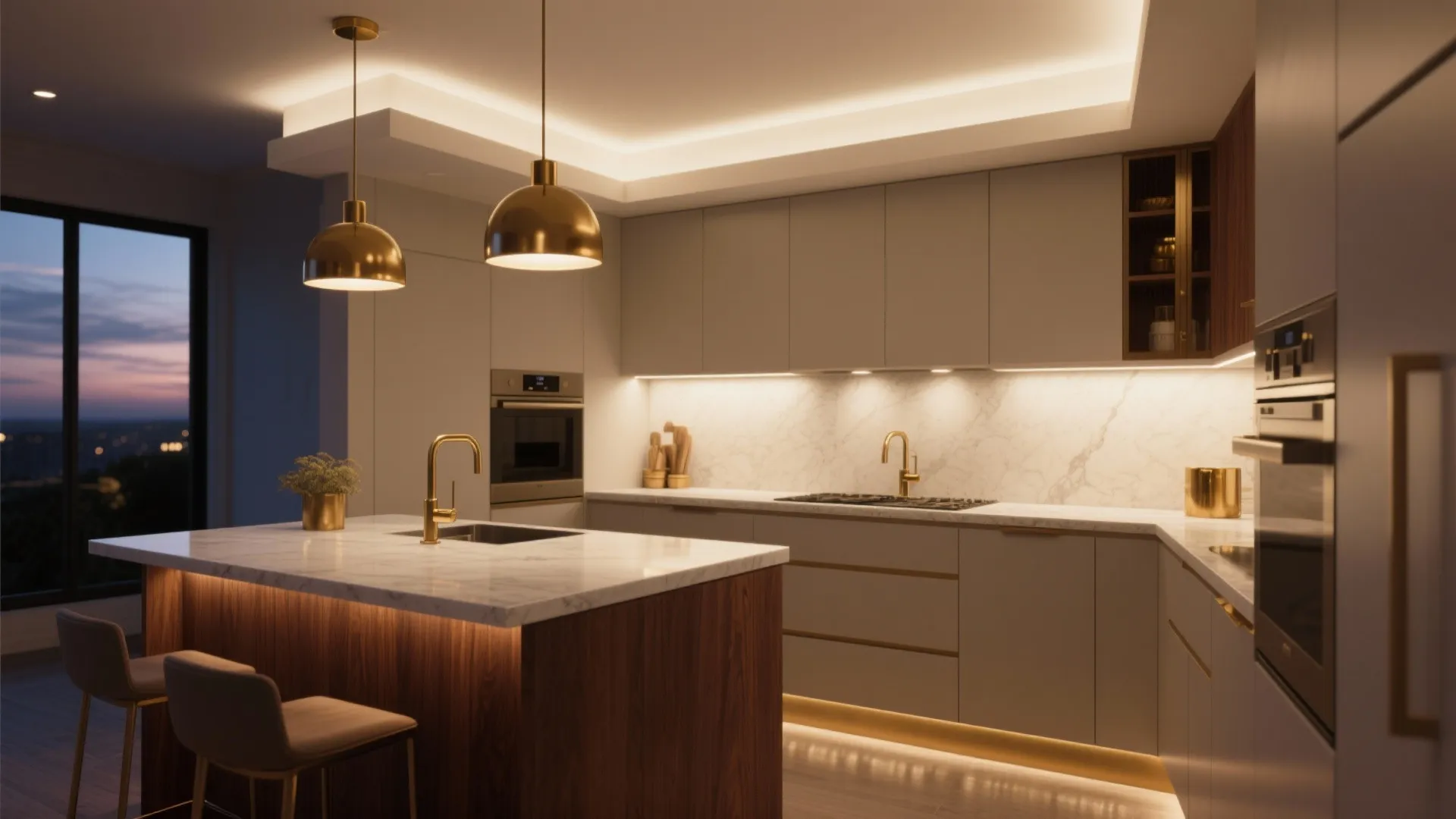 Luxury kitchen island with gold ceiling light and warm light fixture under the white cabinets