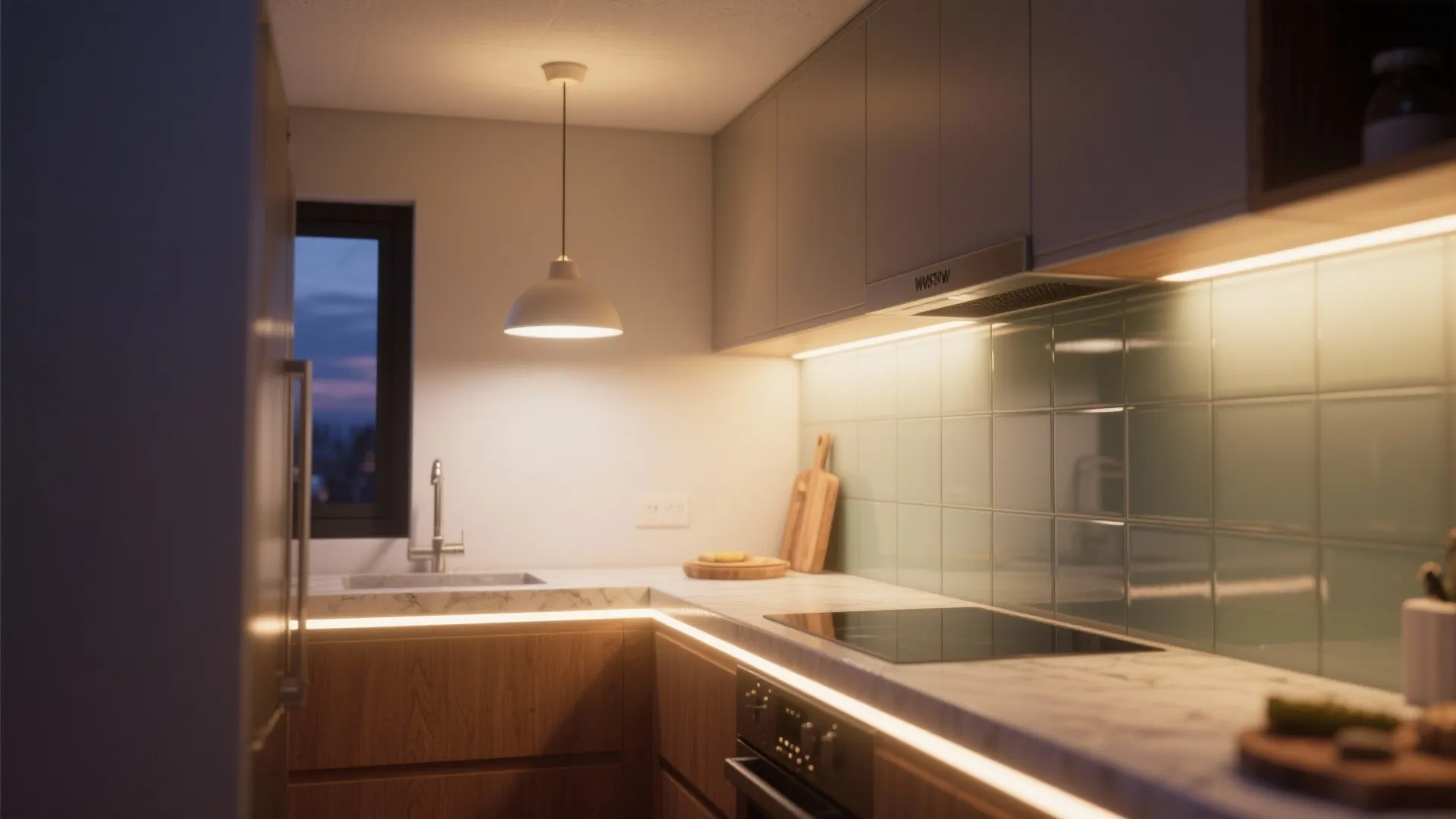 Layered lighting that flatters small kitchens