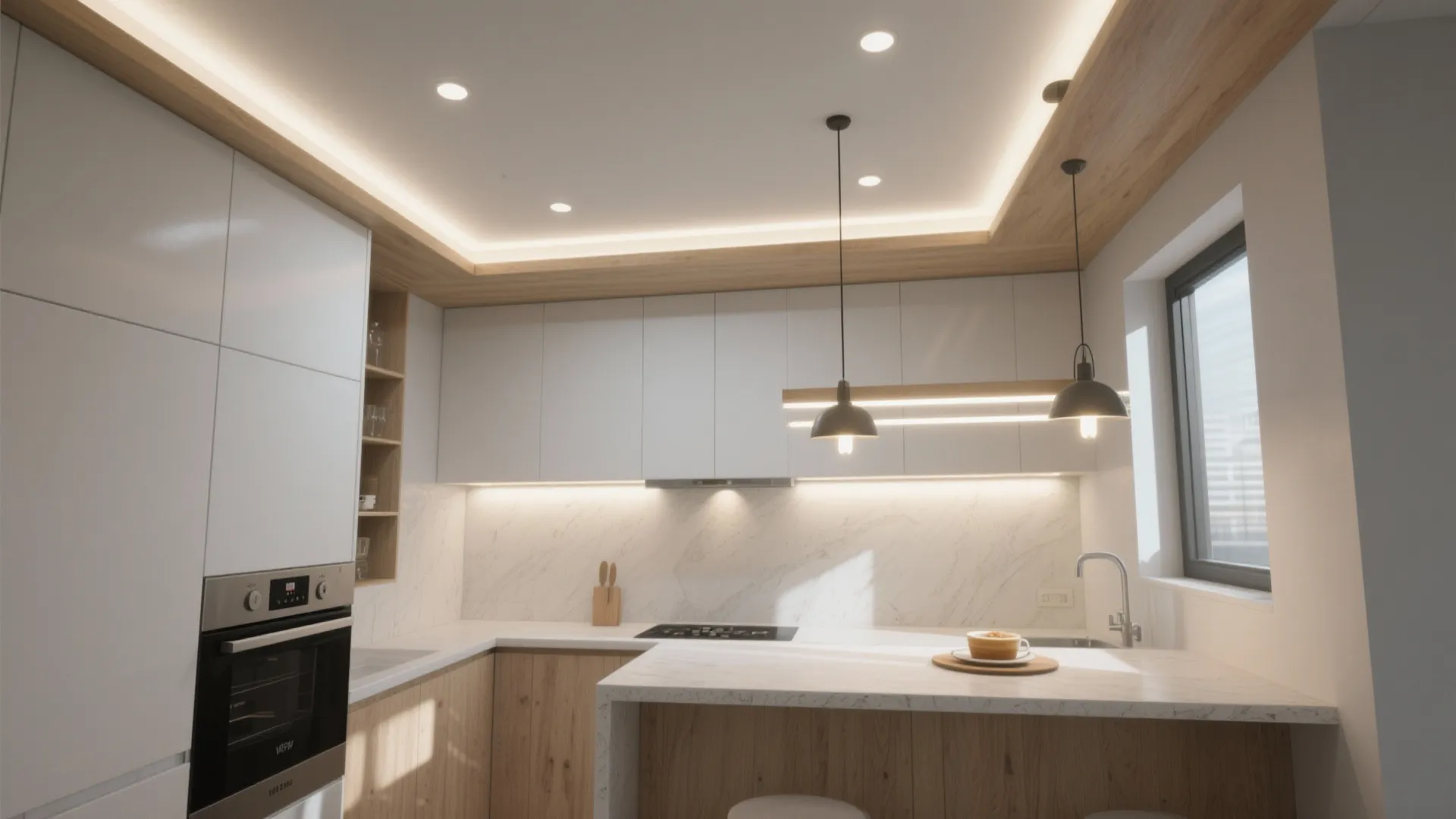 Top-down view of a small kitchen showing ambient, task, and accent lighting layers.