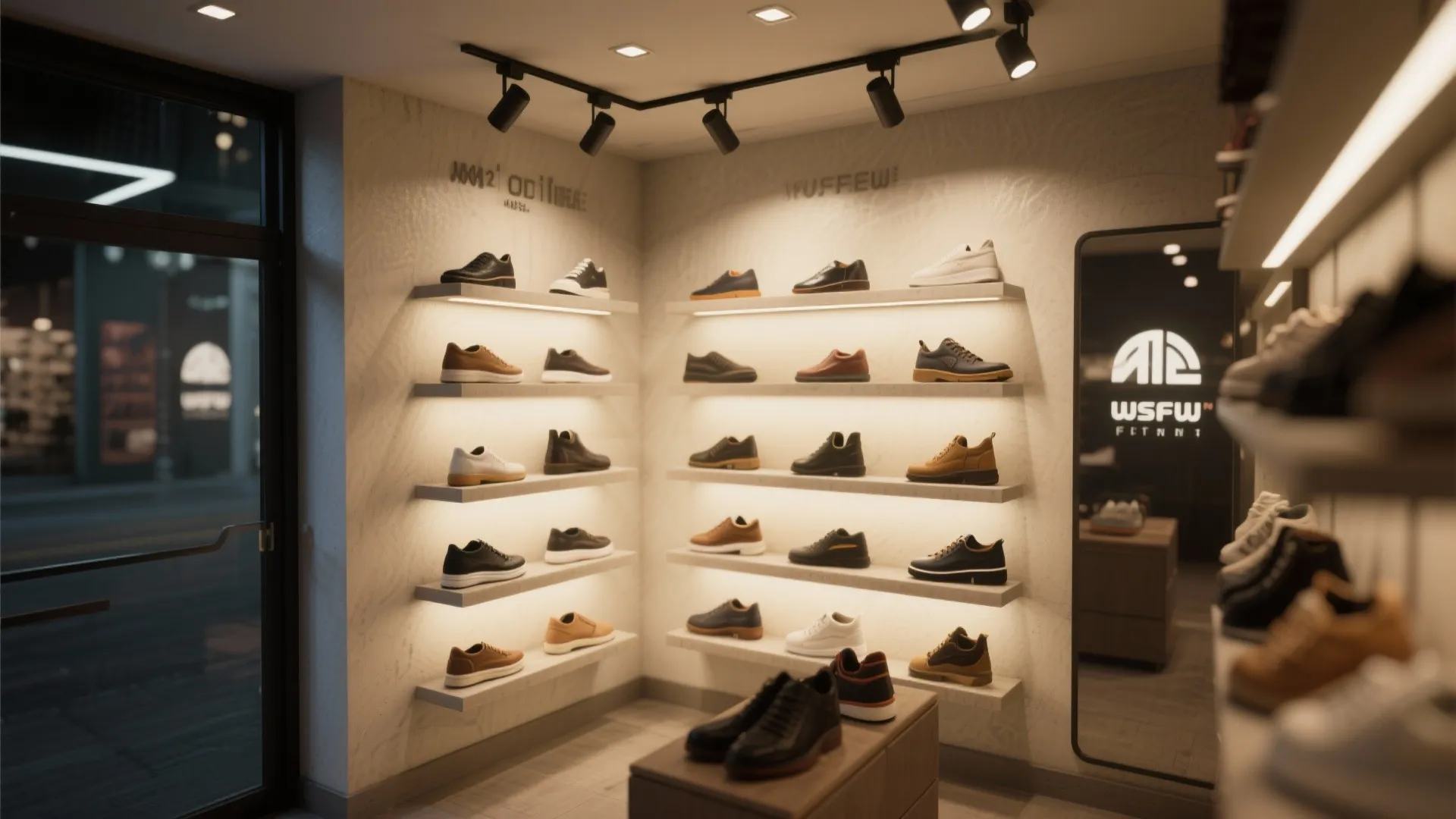 Shoe wall with layered ambient track lighting and focused accent spots creating depth.