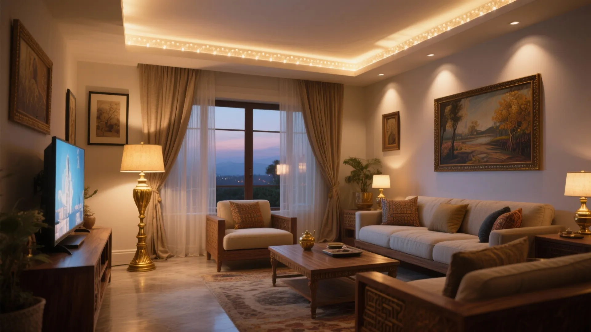 Warm living room with sofa floor lamp ceiling light and curtains showing a sunset through windows