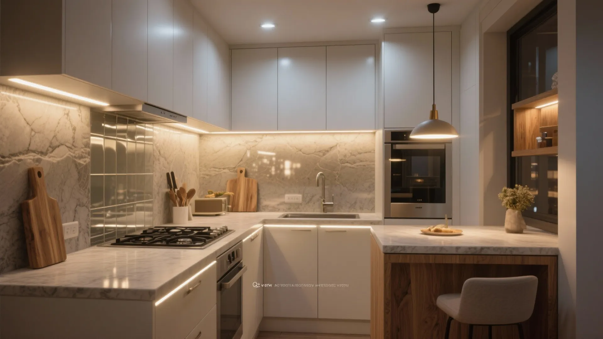 Layered lighting that flatters a small kitchen