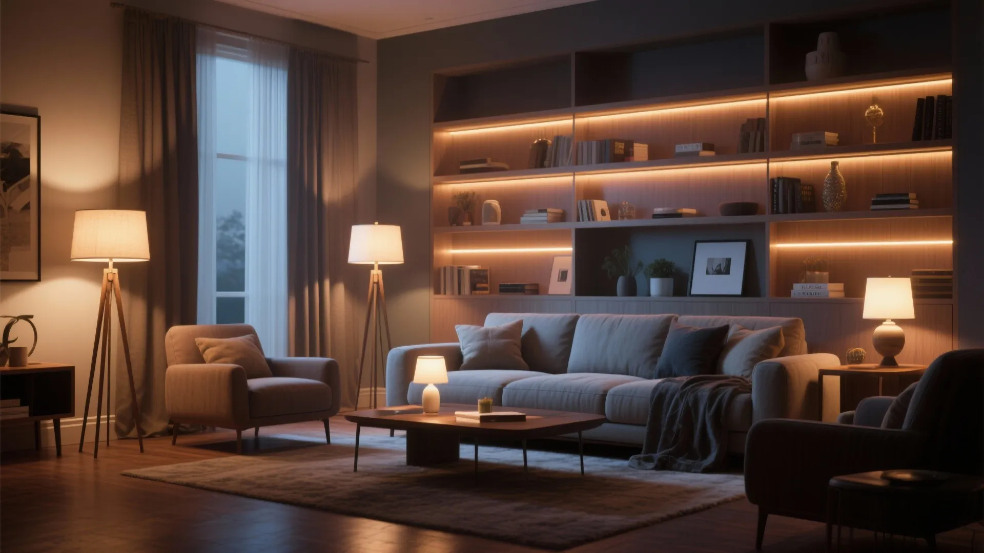 Cozy living room with warm light from floor lamps and built in wall shelf lighting