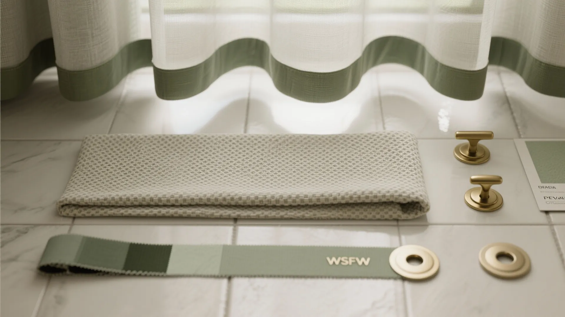 Close up view of white textured fabric green color strip brass knobs and green curtains