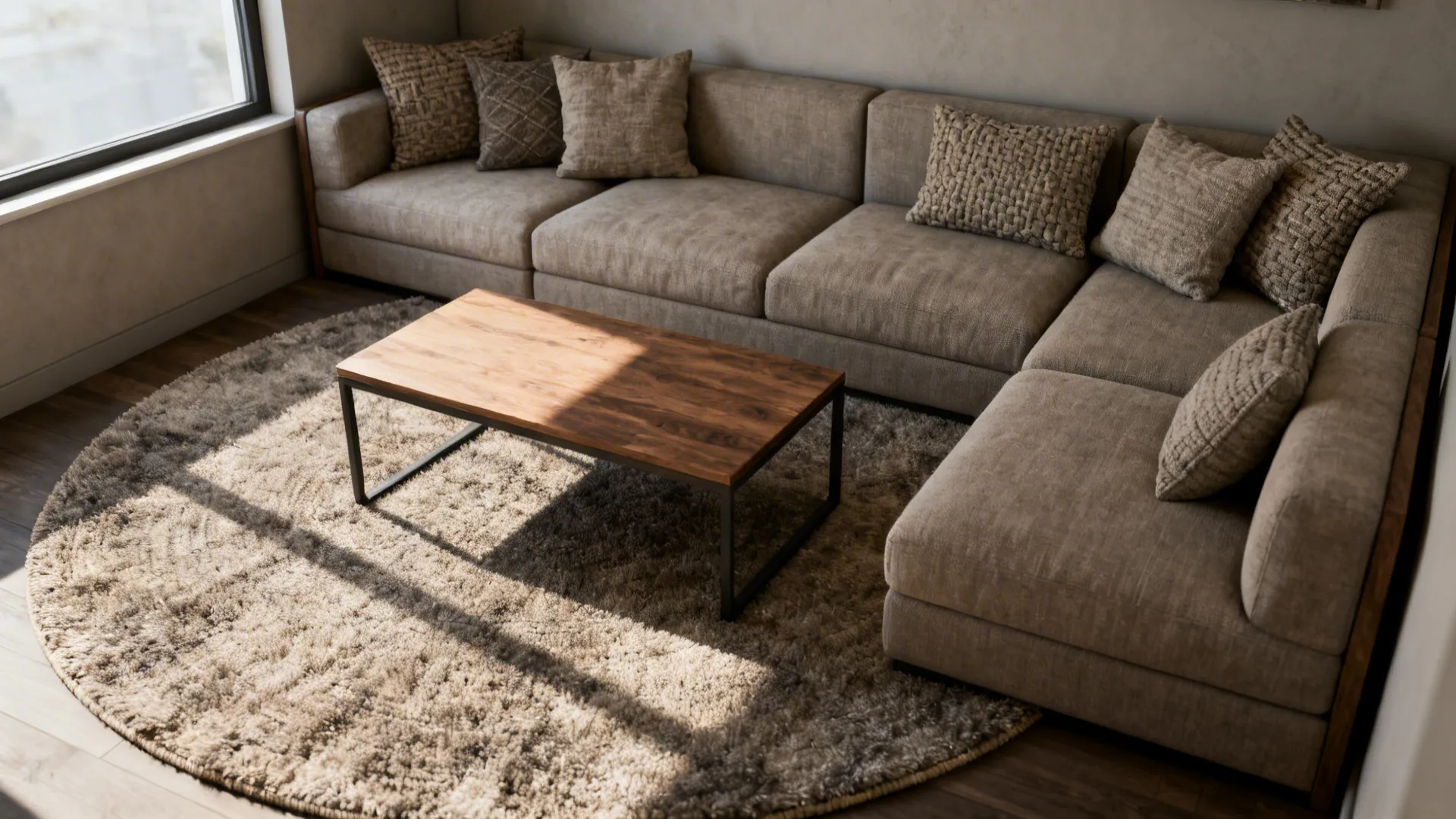 Modular sectional arranged on a large neutral round rug in a small living room