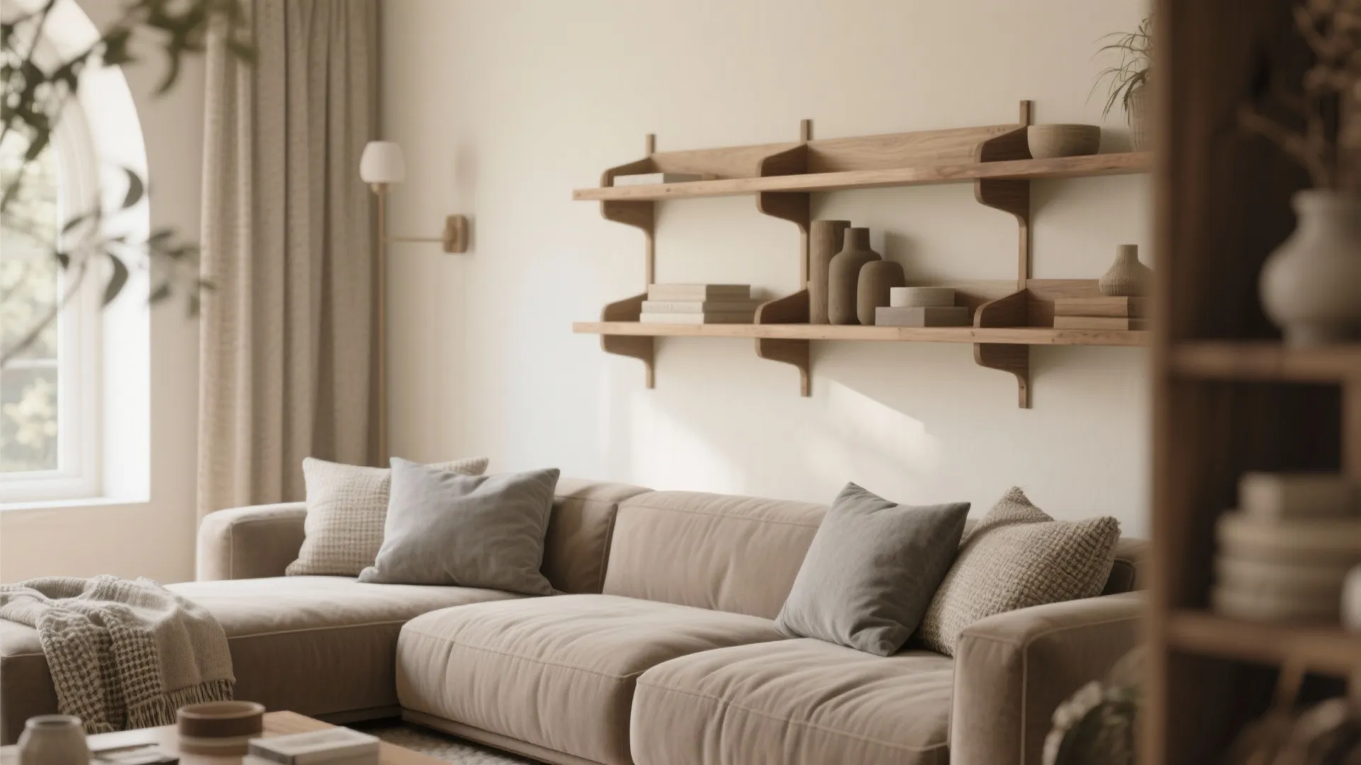 Living area with cream walls, taupe and soft gray textiles, and warm wood accents showing layered neutral depth.