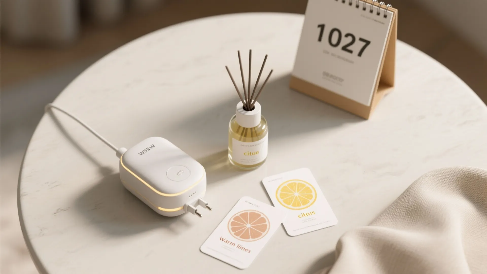 White plug device on marble table with reed diffuser citrus scent cards and desk calendar