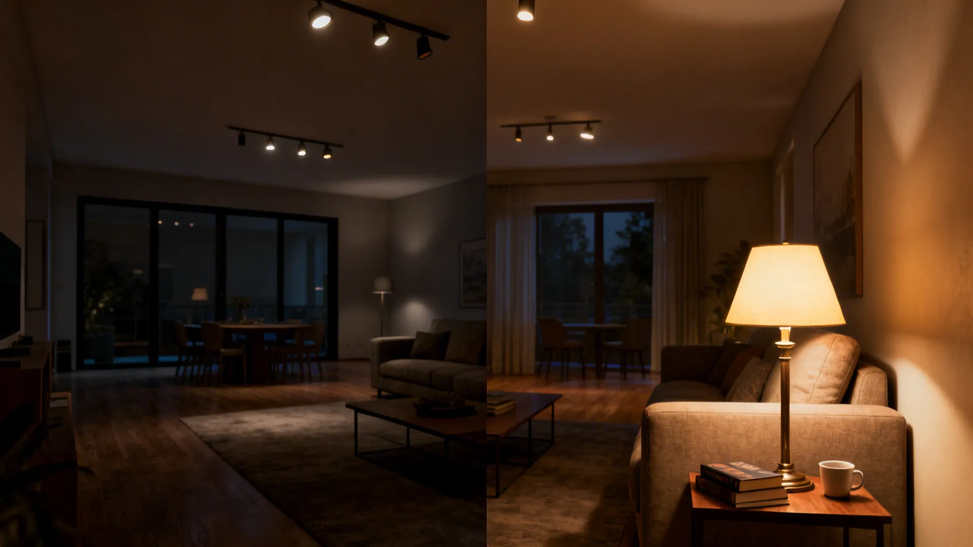 Before and after of open-plan living room showing improved balance with a 3-way table lamp and overhead lights