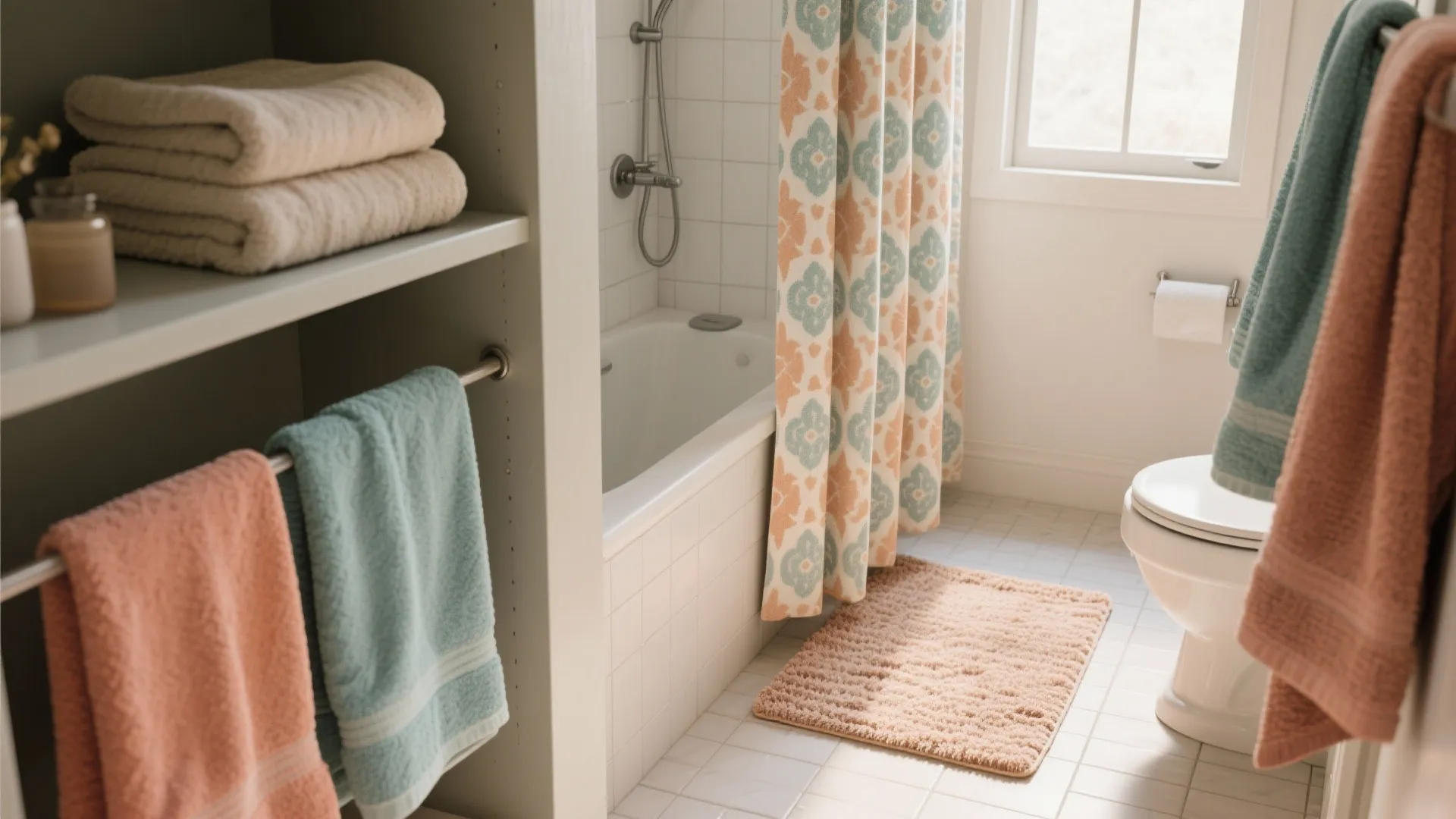 Bathroom interior with colorful towels and patterned curtain next to a white bathtub and toilet