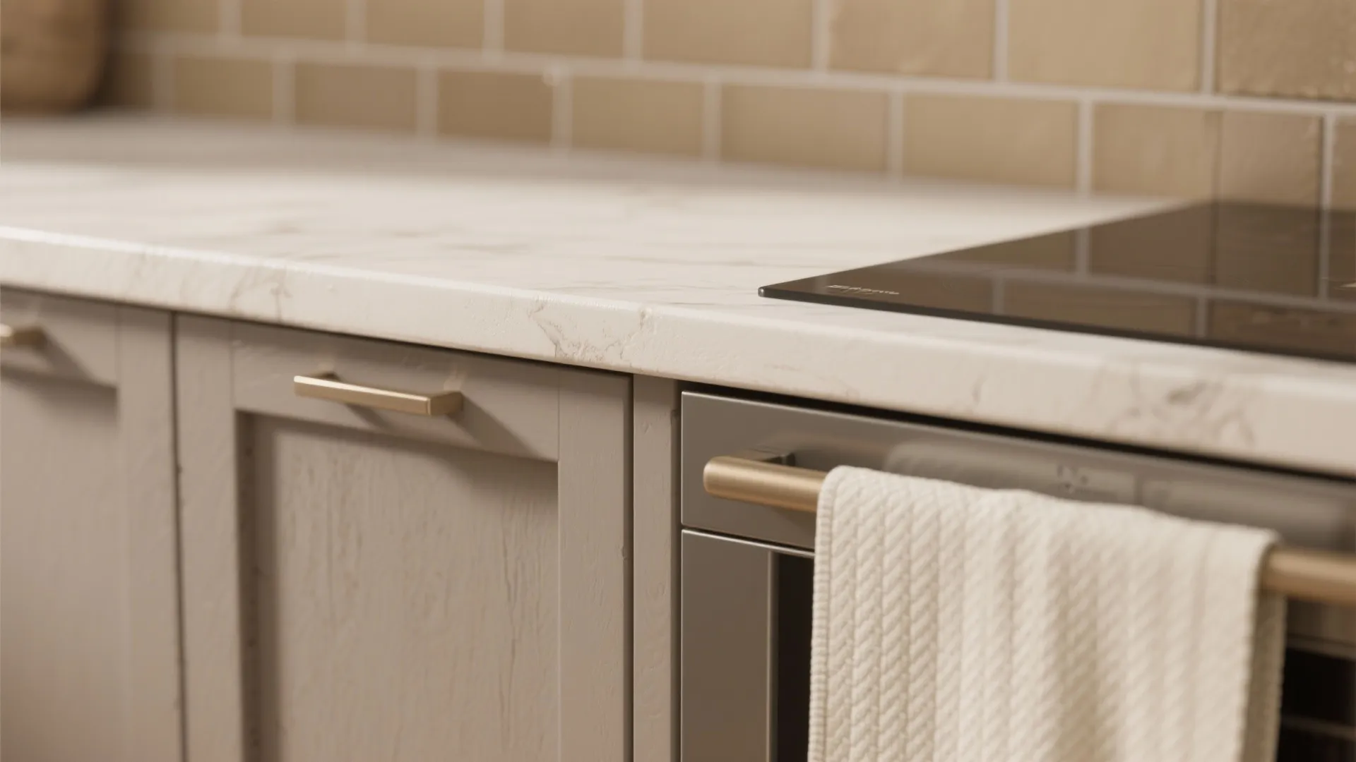 Modern kitchen with white marble countertop grey cabinets gold handles and a white hanging towel