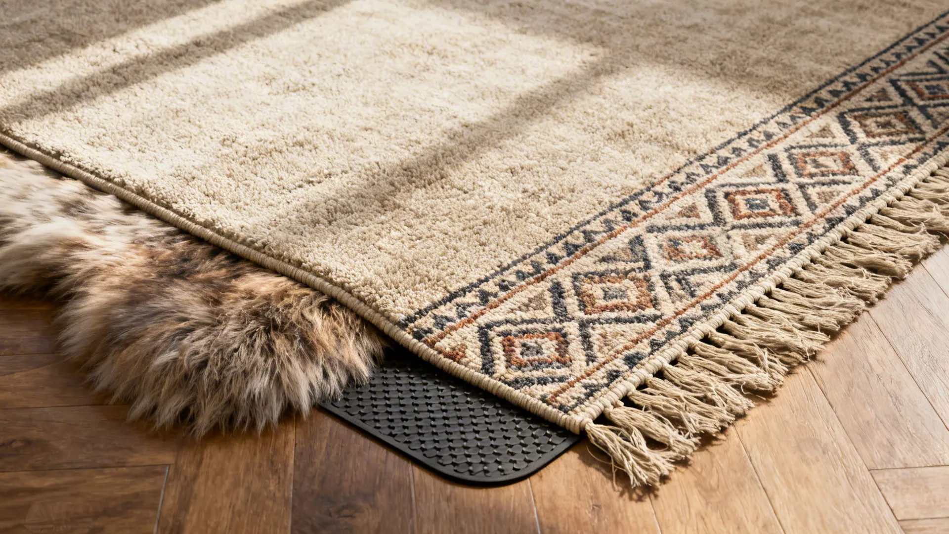 Top-down view of a large neutral rug layered with a patterned runner and sheepskin, showing textures and anti-slip pad.