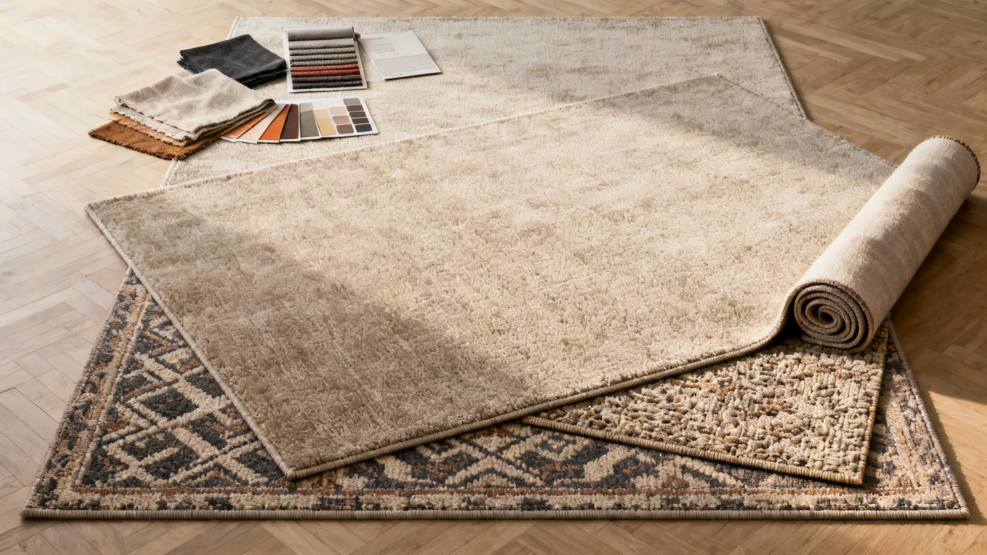 Top-down flatlay of a low-pile 10x12 rug layered with a smaller patterned rug and fabric swatches.