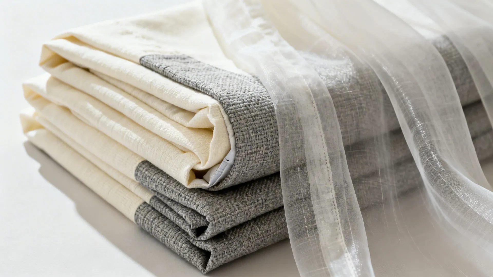 Folded cream and grey fabric curtains with thin white sheer material layer on the top