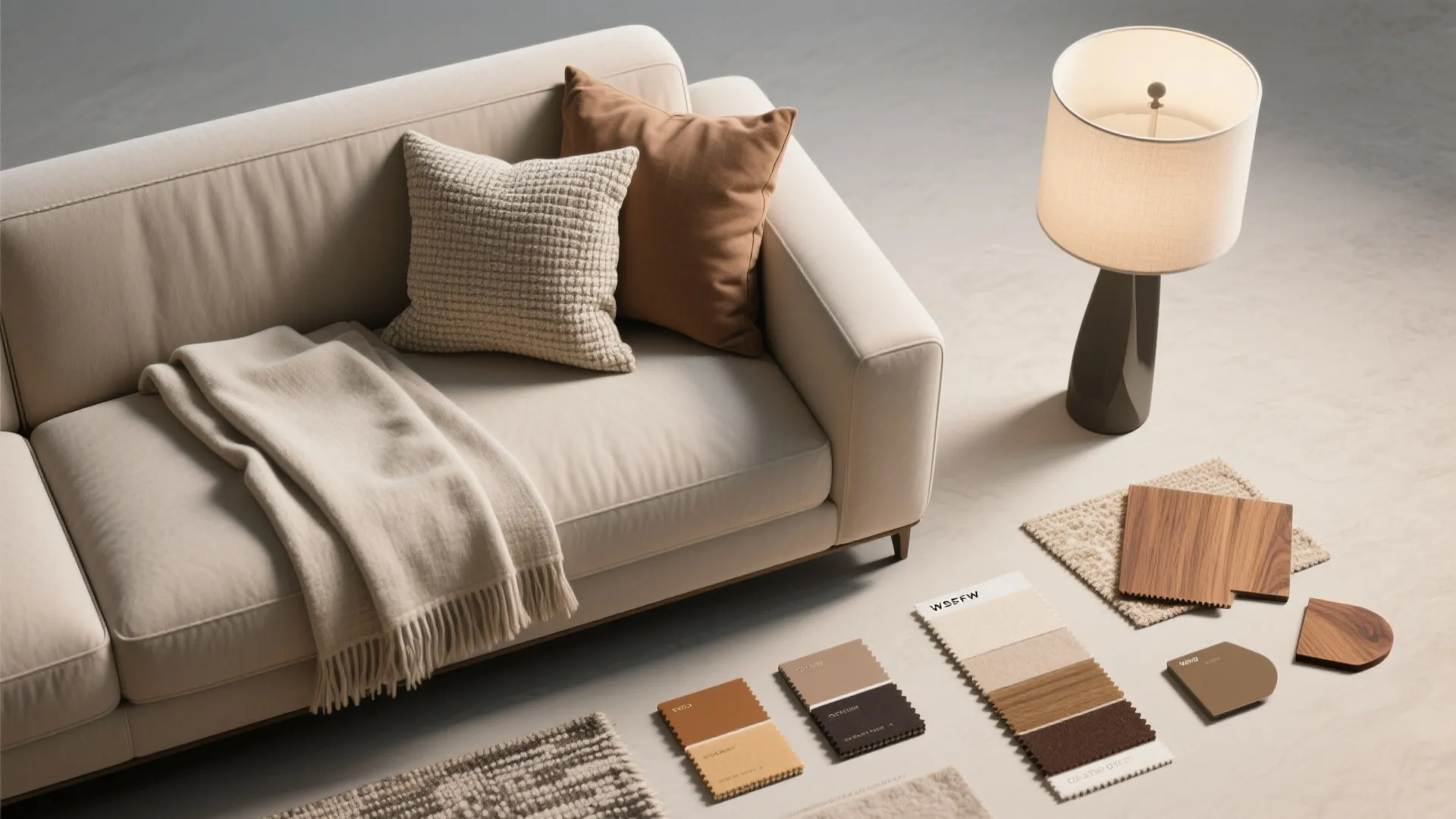 Cream sofa with brown pillows next to a table lamp and various interior material color samples
