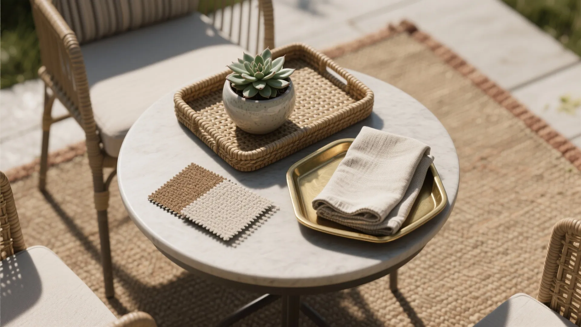 Outdoor table with a small plant in woven tray plus fabric samples and a napkin