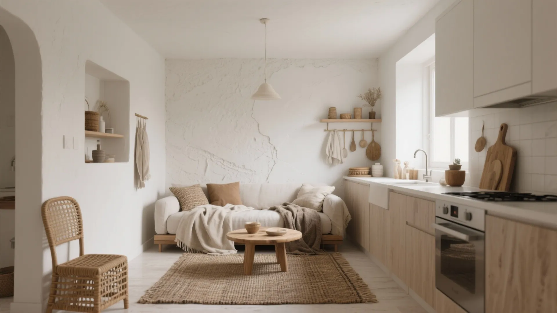 Minimalist white living room featuring a sofa wooden coffee table rug kitchen cabinets and ceiling light