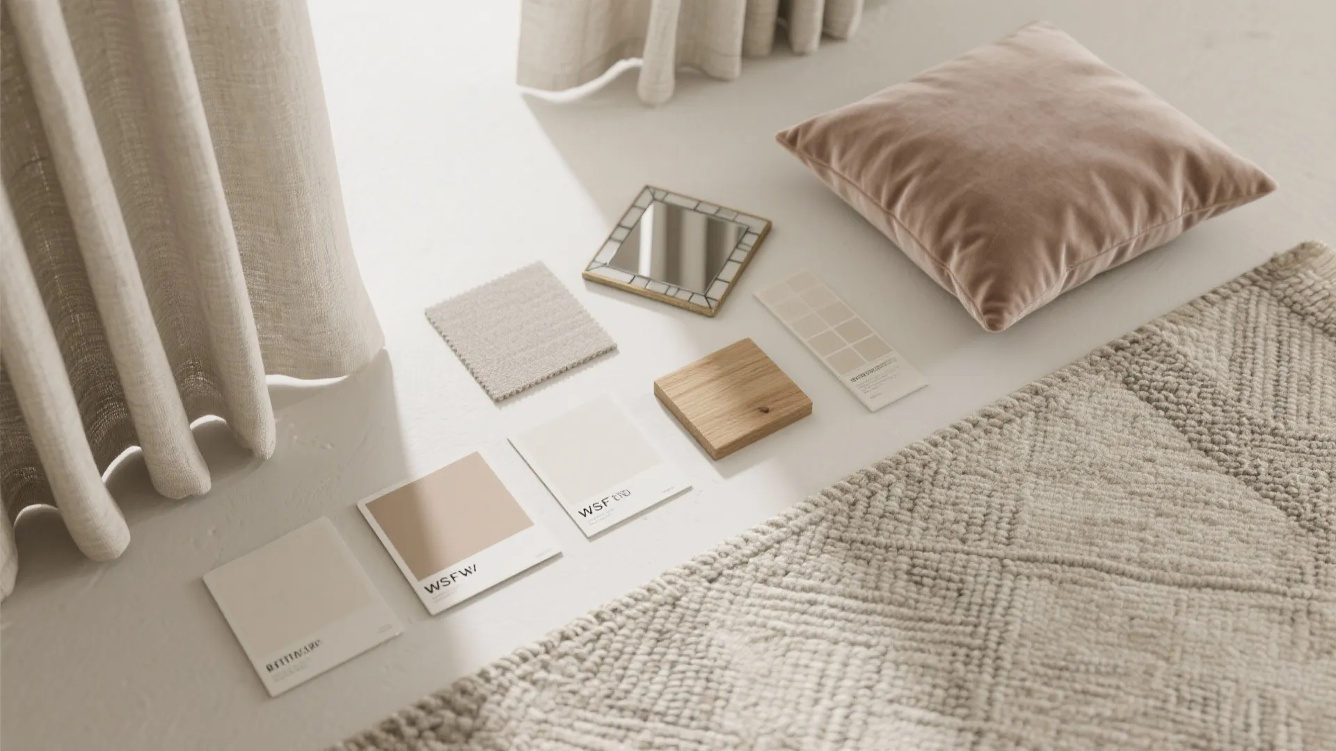 Interior design mood board with color swatches wood sample fabric piece mirror pillow and rug