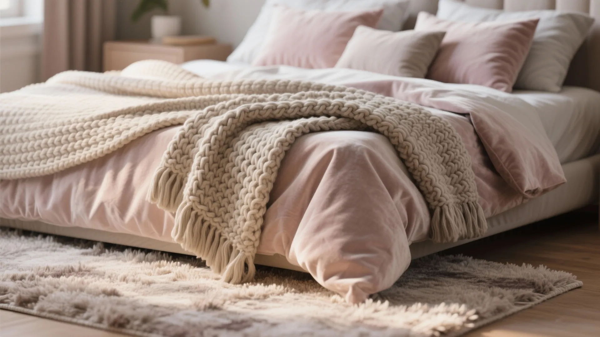 Close-up of chunky knit throw, velvet cushions and plush rug showing texture and warmth