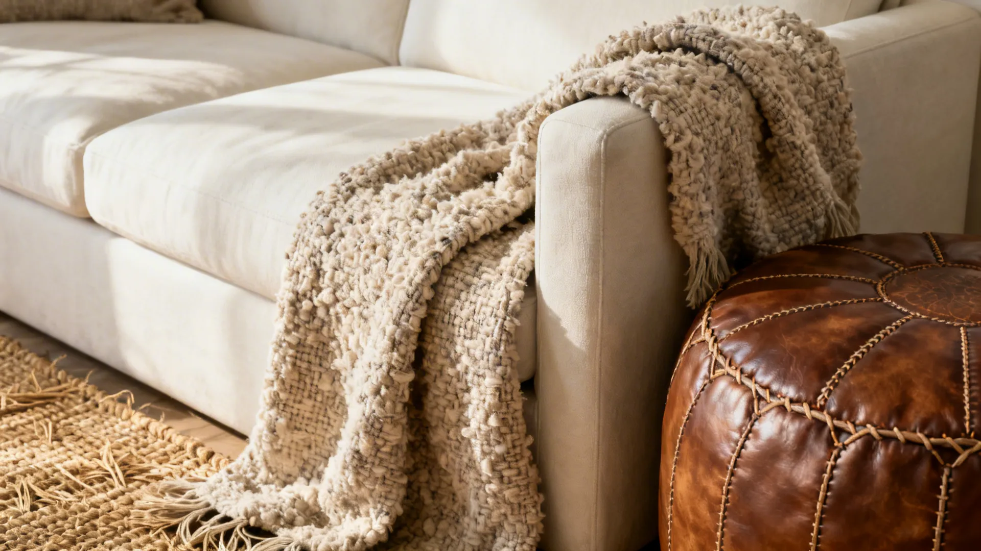Close-up of bouclé throw, leather pouf and jute rug beside an off-white couch showing varied textures.