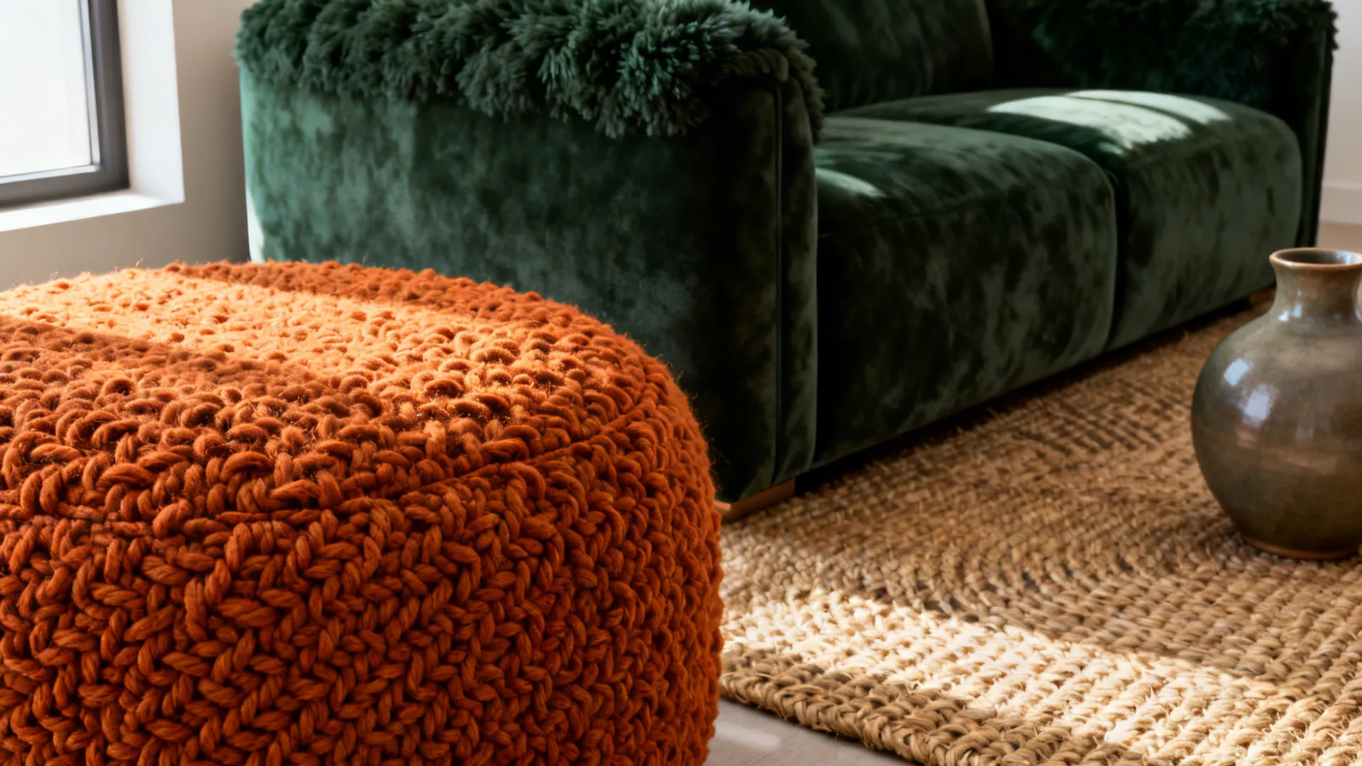 Close-up of burnt orange boucle ottoman and dark green velvet sofa with jute rug and matte ceramics.