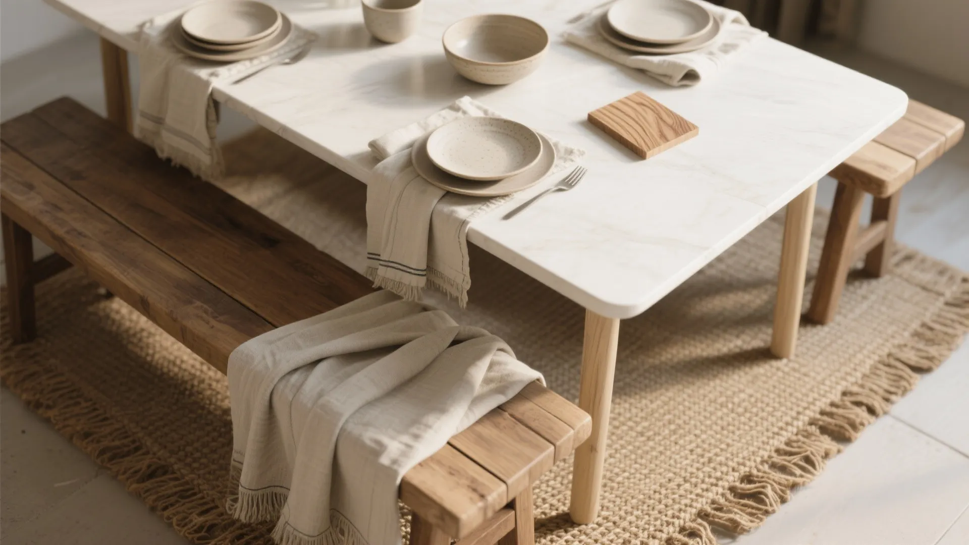Modern white marble dining table with wooden benches, beige plates, bowls, napkins, and textured rug