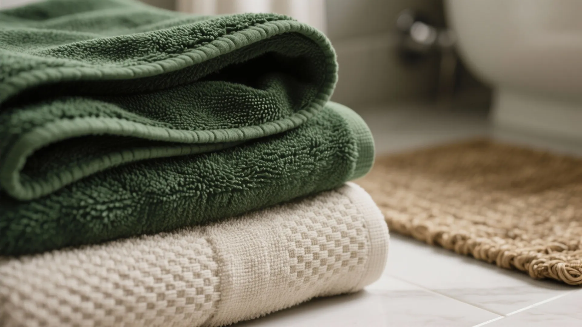 Macro view of hunter green velour towel layered with linen and waffle-weave towels, highlighting texture and depth.