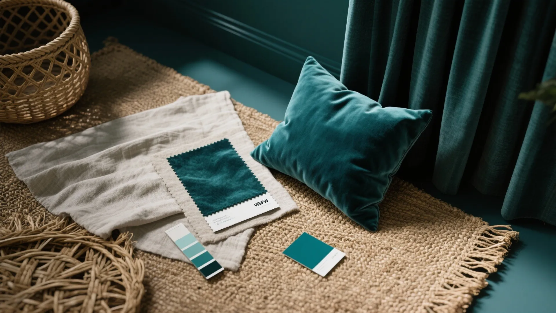 Top-down flatlay of sisal rug, velvet cushion, linen fabric and paint swatch for layering with dark teal.