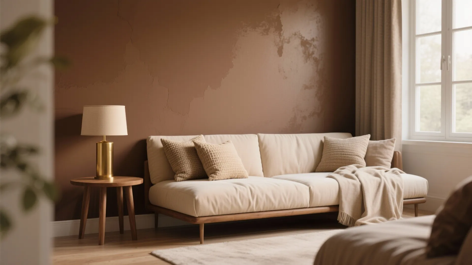 Cozy living space with beige sofa small wooden side table gold lamp and textured brown wall