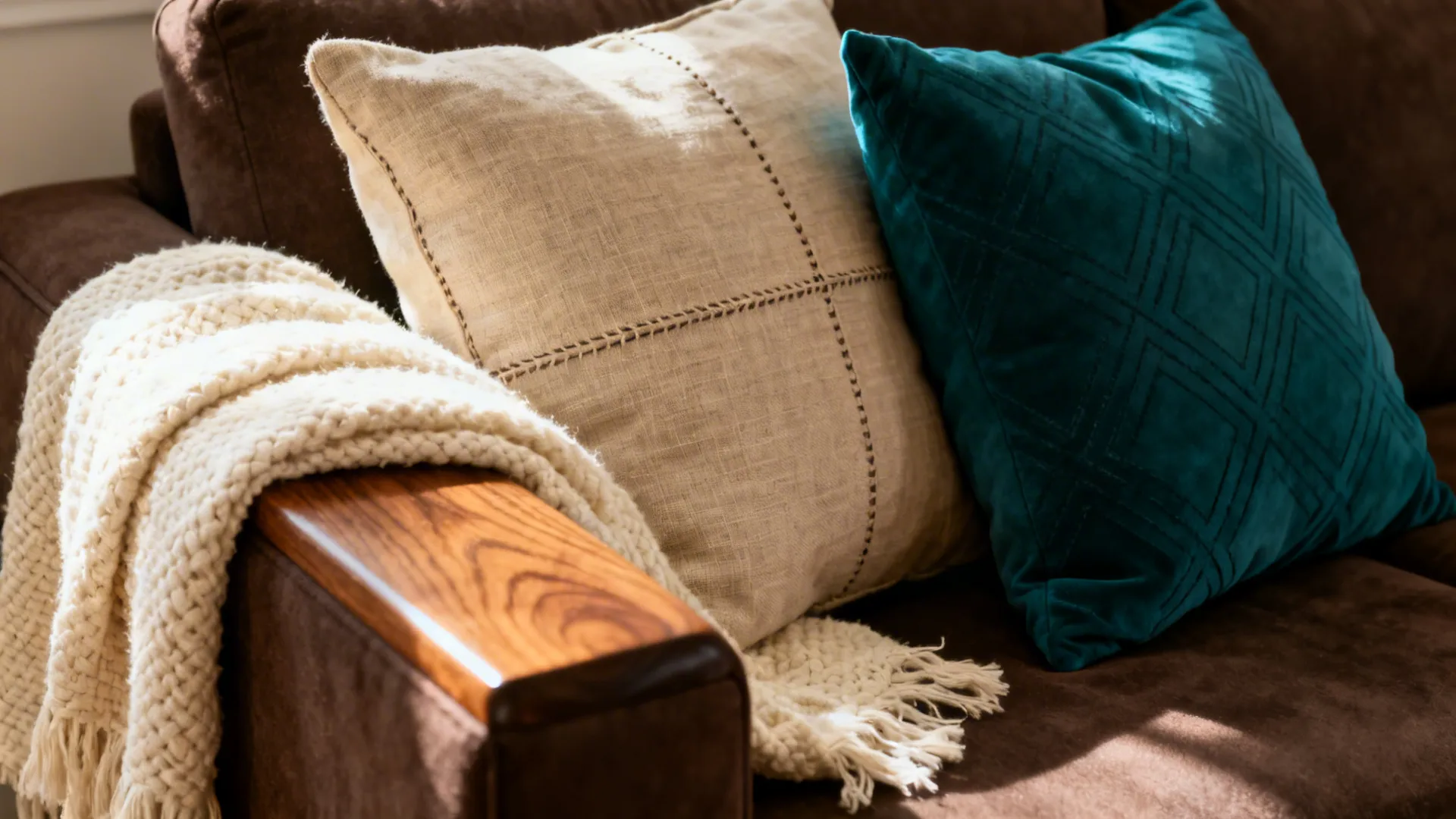Close-up of brown sofa with cream throw and deep teal accent pillow highlighting textures