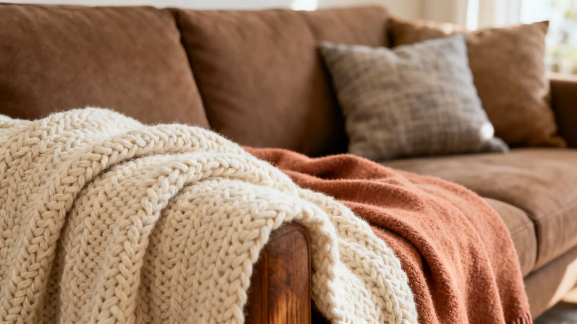 Close up of a brown sofa with a white knitted blanket and a grey pillow