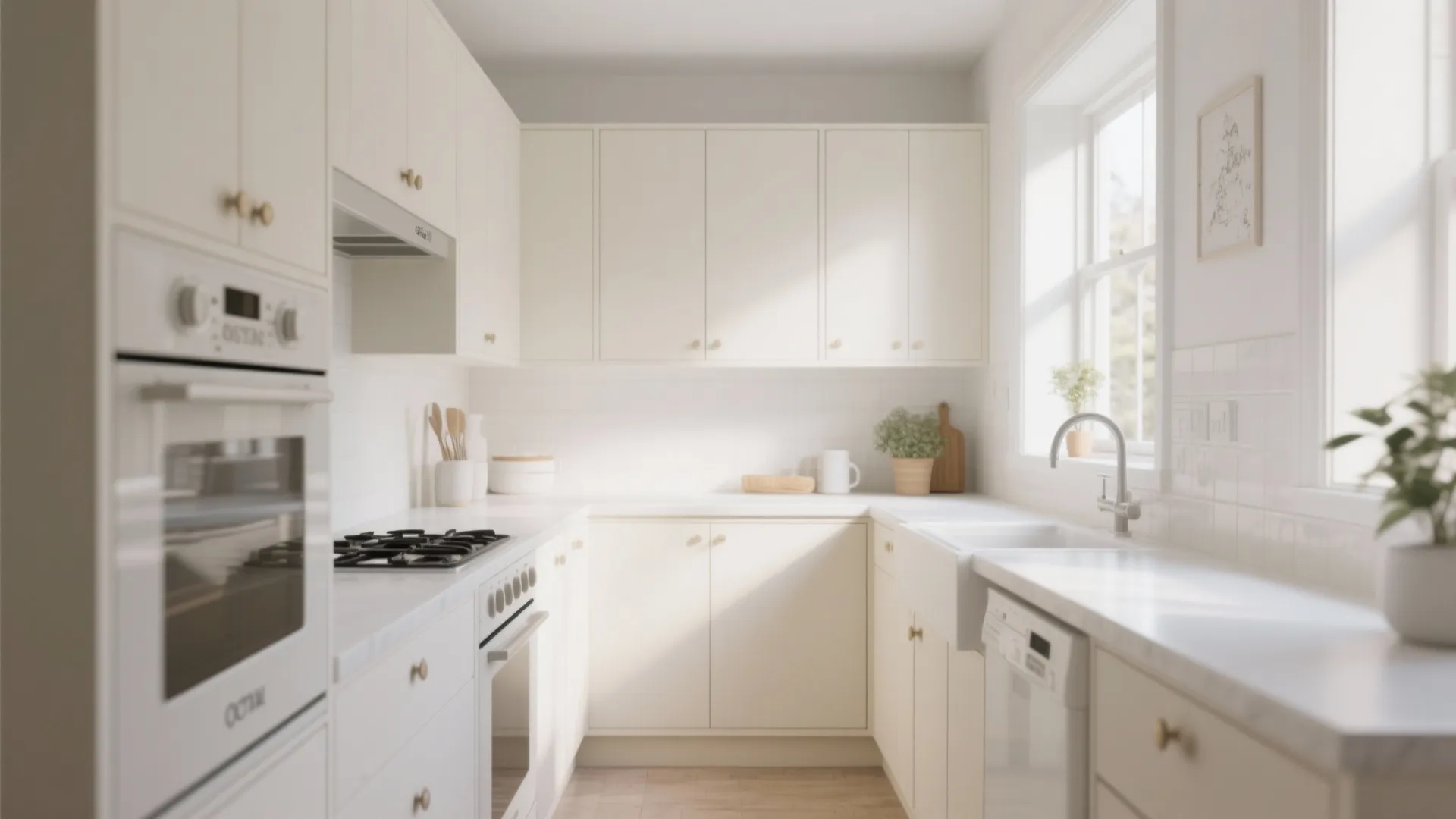 Kitchen with cream cabinets and chalky white walls