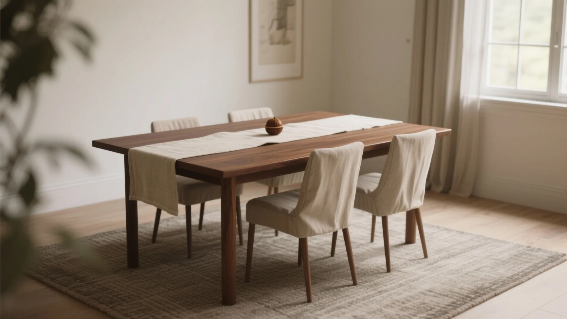 1. Layer warm woods with light textiles