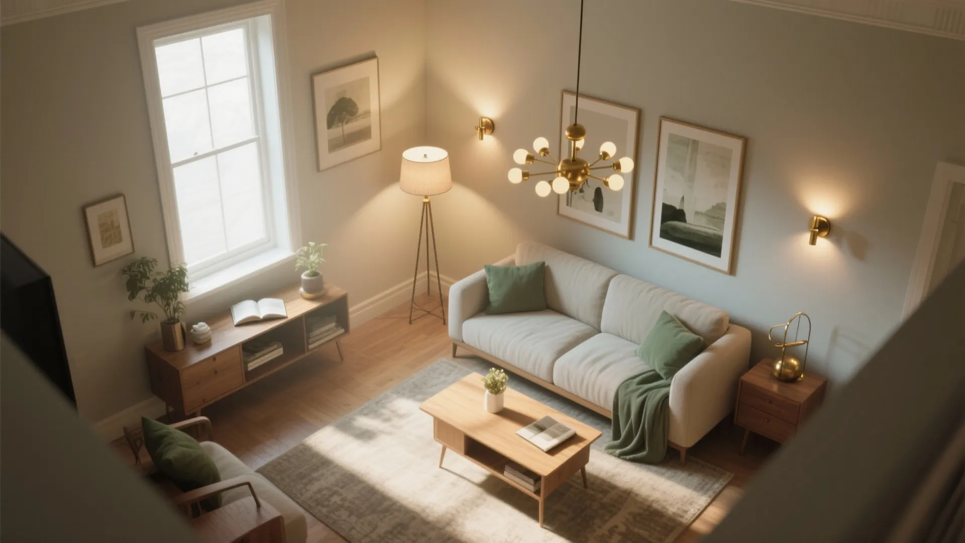 Top-down plan view showing chandelier, floor lamp, and wall sconces forming balanced lighting zones.