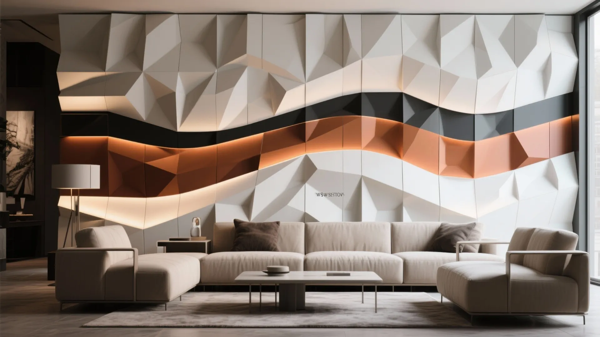 Modern living room showcasing large geometric wall panel with black orange wave patterns and sofa