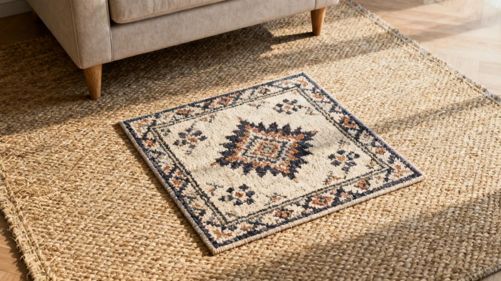 Patterned 5x7 rug layered over a larger neutral jute rug, creating scale and visual focus in a living room.