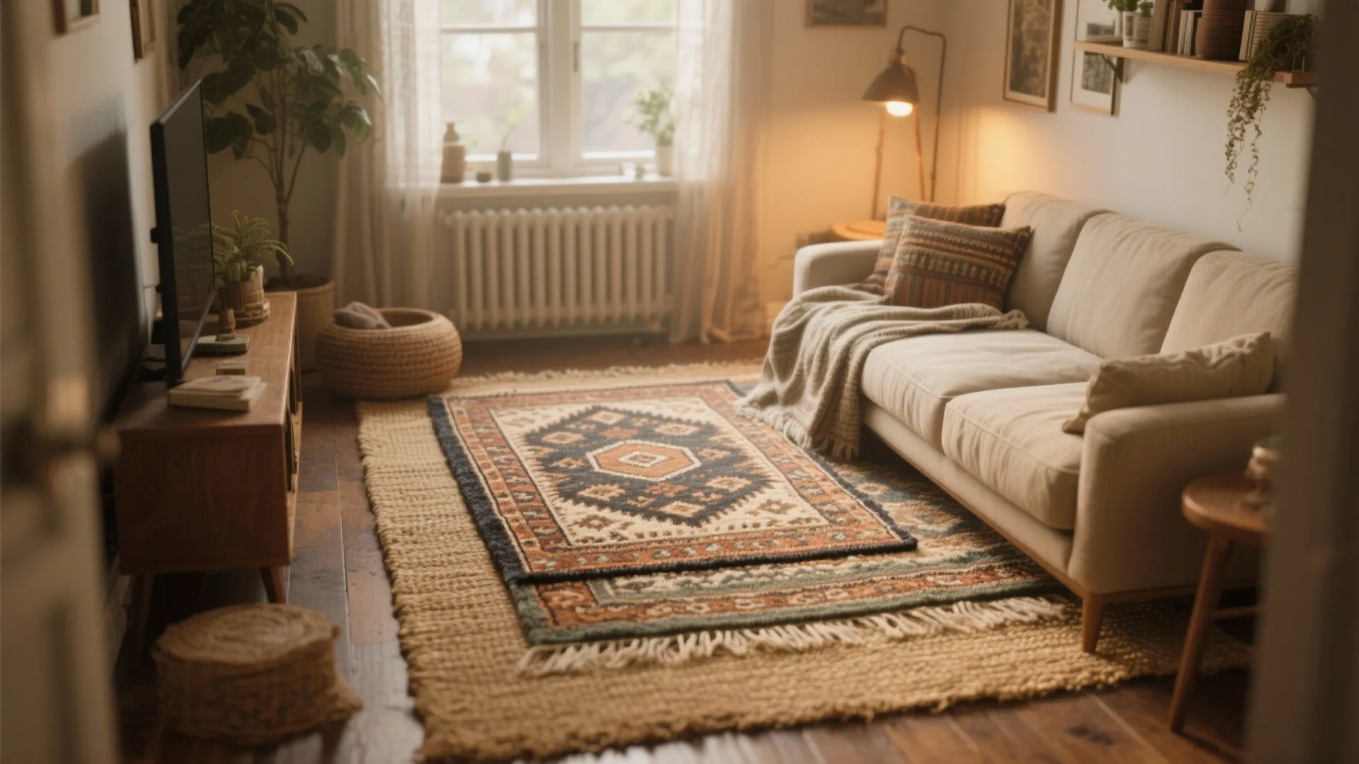 Cozy living room showing a layered rug setup with patterned rug over larger jute rug