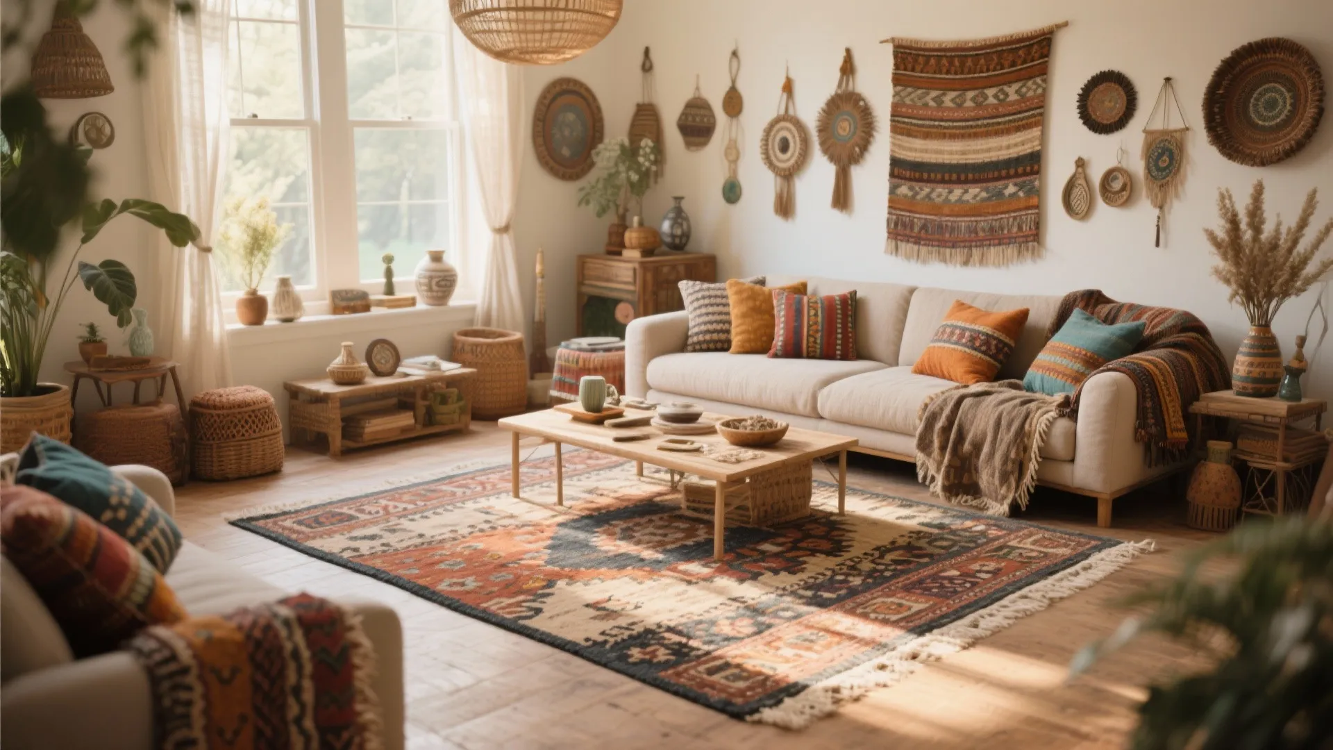 Layered rugs in a boho living room with warm tones
