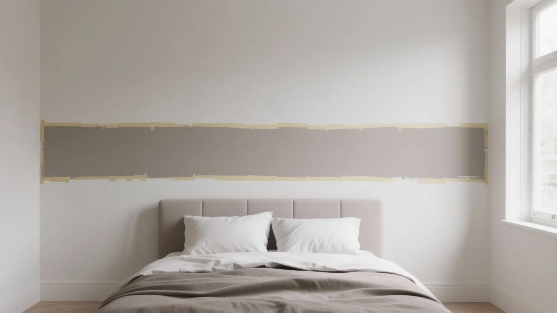 Bedroom wall featuring a grey paint stripe and masking tape above a bed with pillows