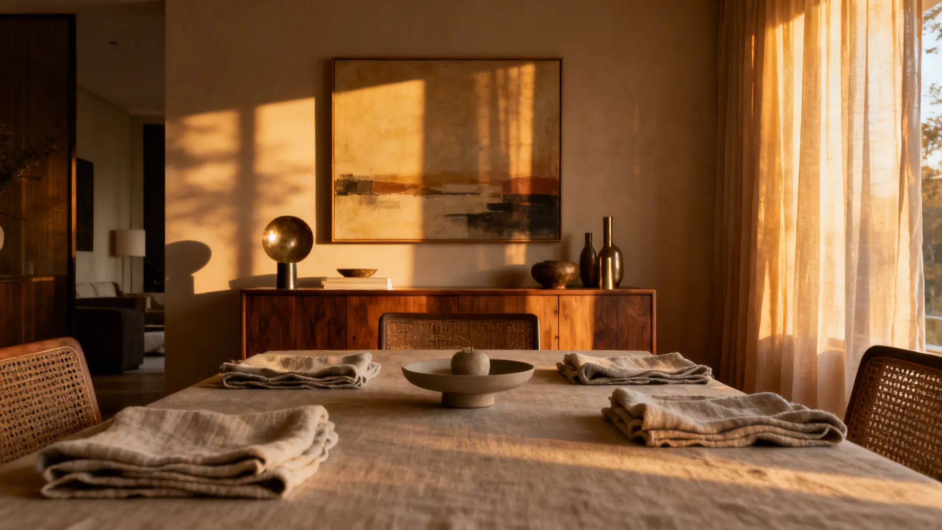 5. Layered Ambience: Curtains, Art, and Table Settings
