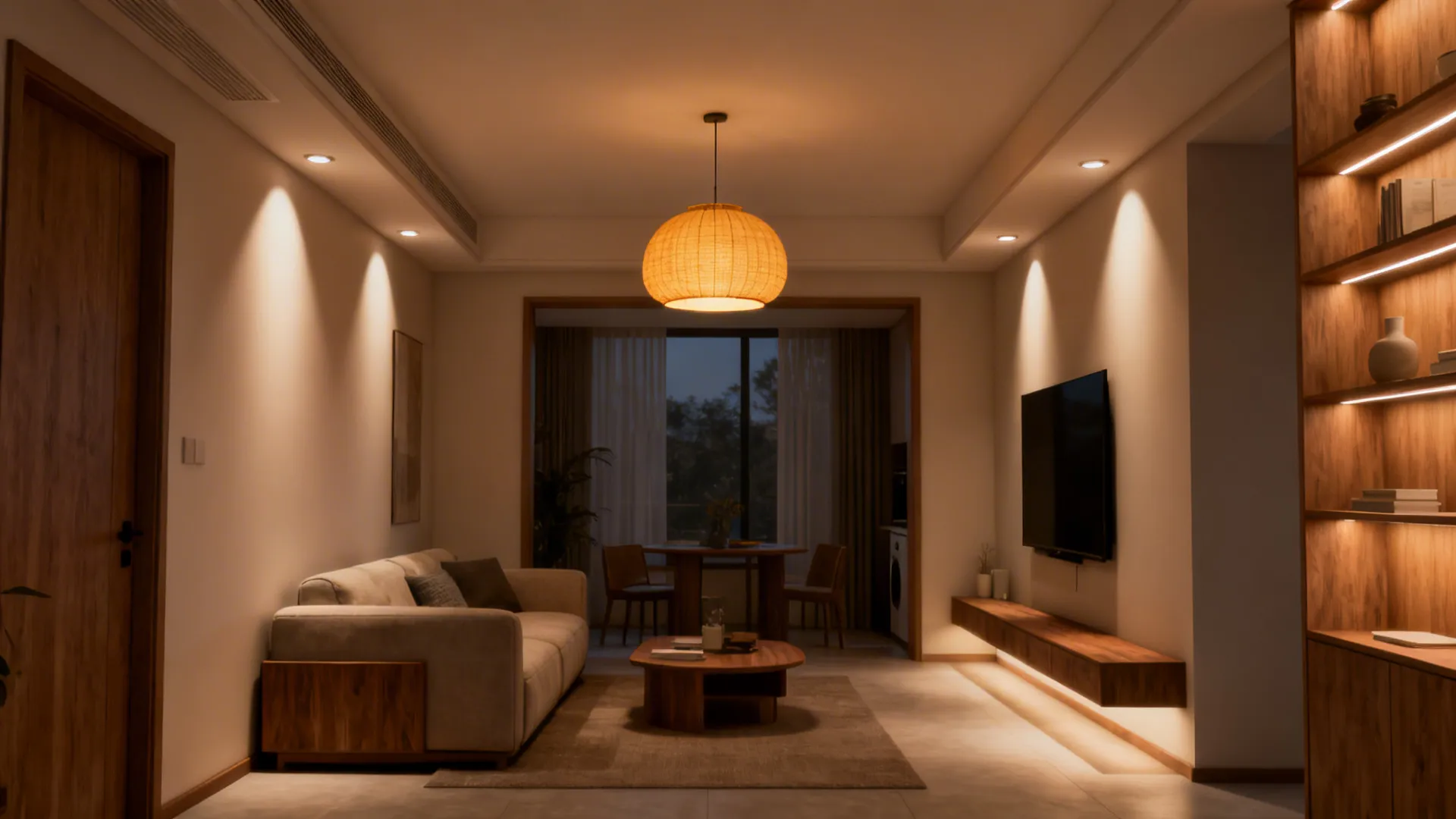 Compact living room lit with warm dimmable ambient bulbs and subtle uplighting.