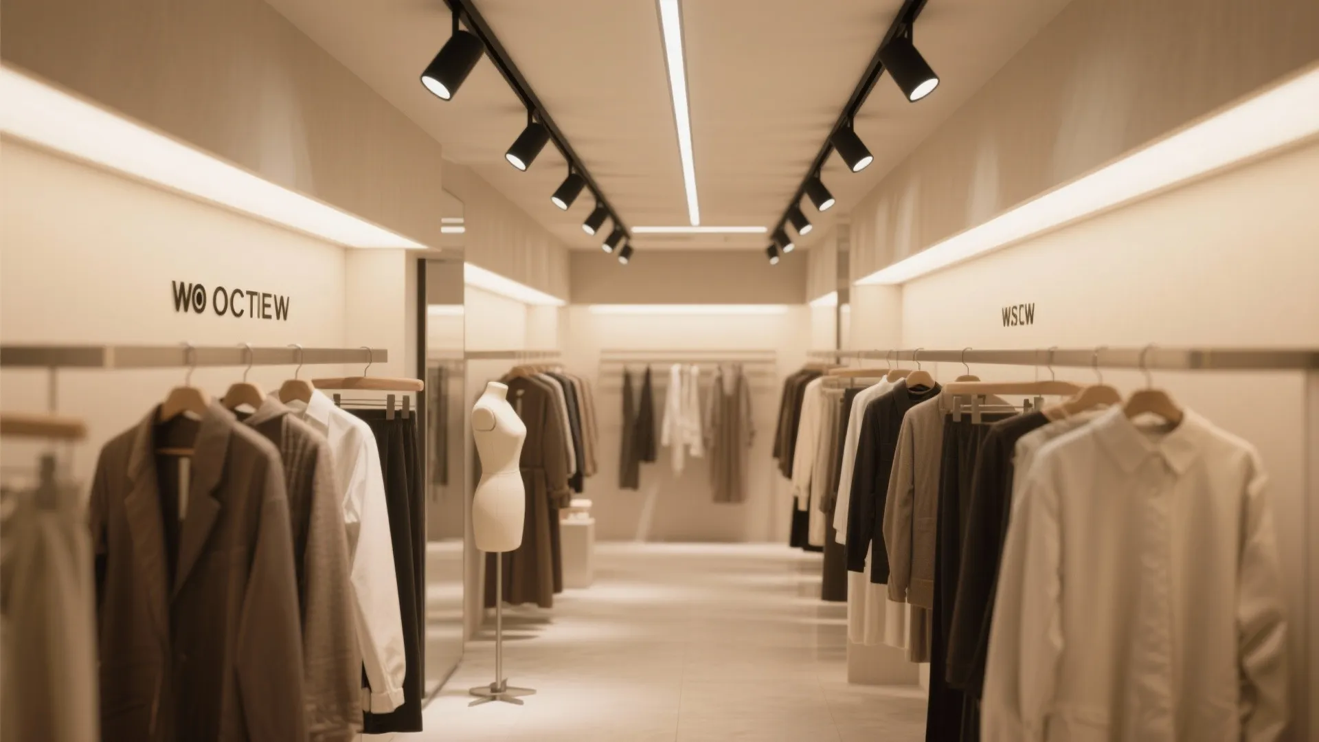 Clothing store interior with rows of hanging clothes and black track ceiling lights for warm illumination