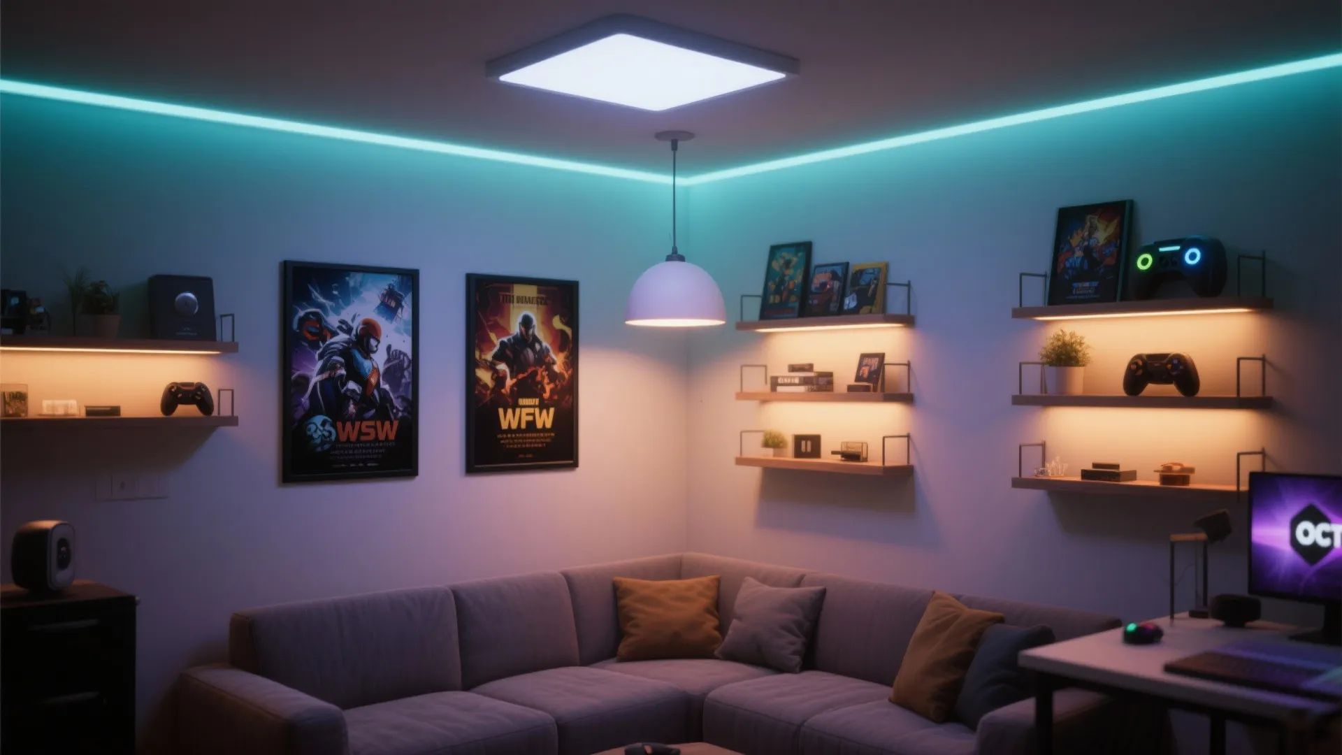 Small gaming corner with dimmable pendant and wall washers highlighting posters and shelves.