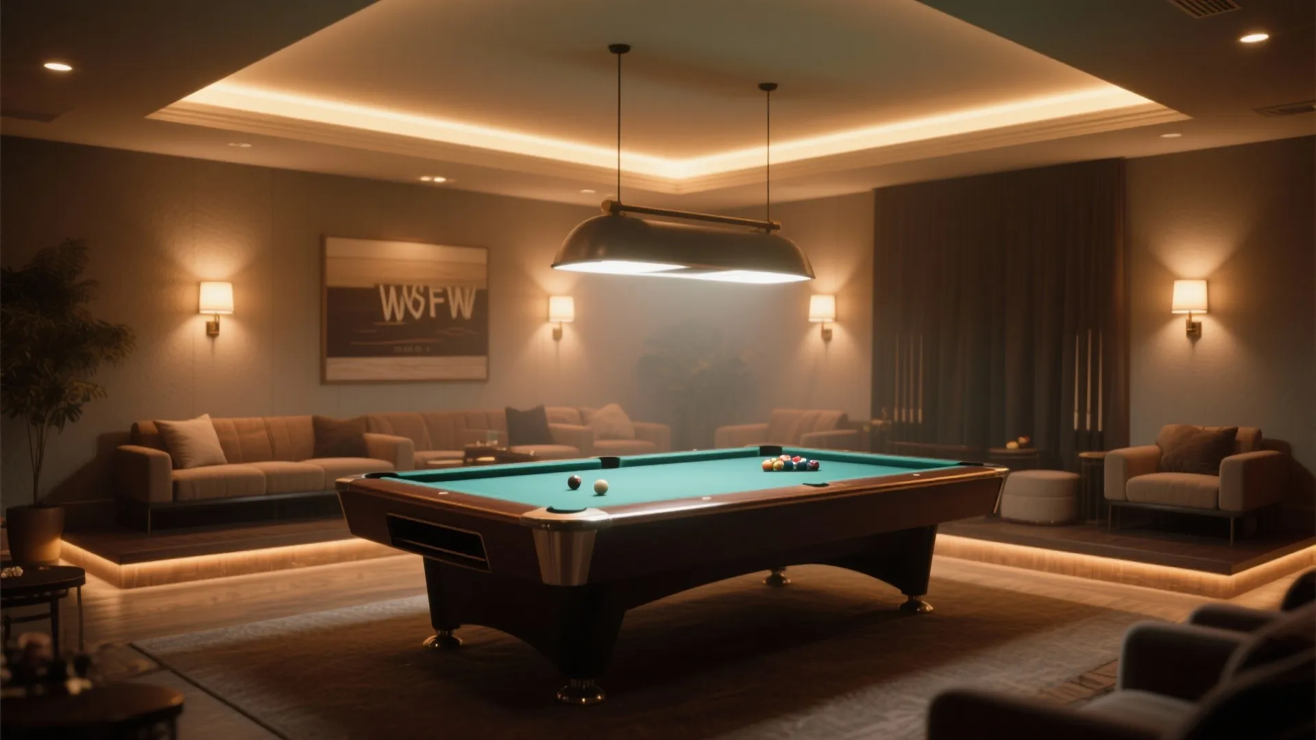 Modern game room with green pool table, soft wall lights, hidden ceiling lights and sofas