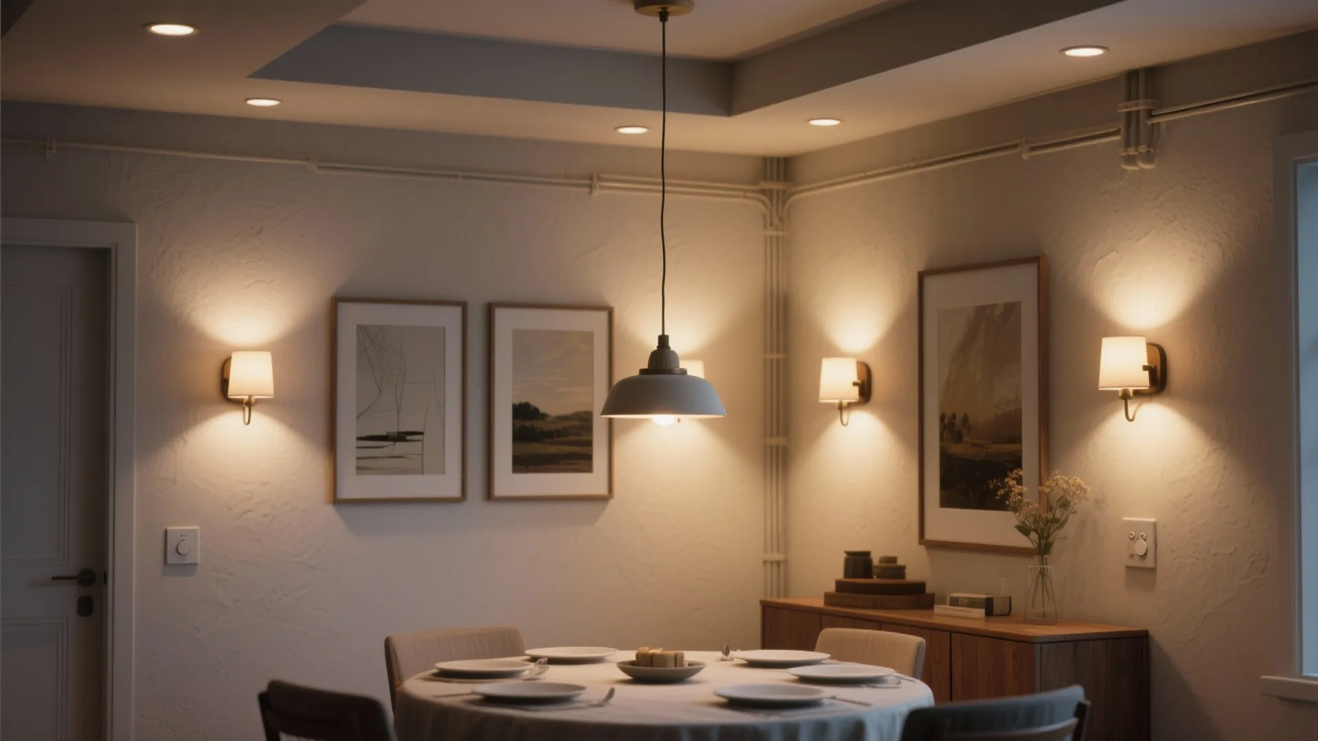 Dining room with a round table, white plates, wall lights, and a single ceiling light