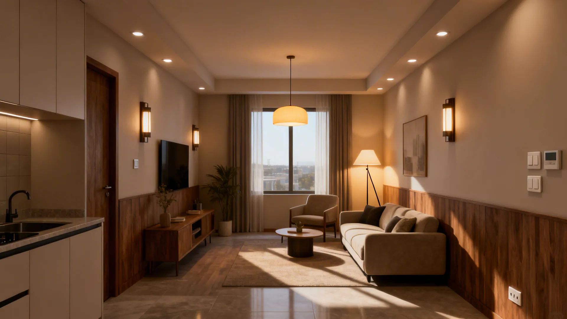 Cozy living room with sofa wood wall panel and several warm ceiling and wall lights