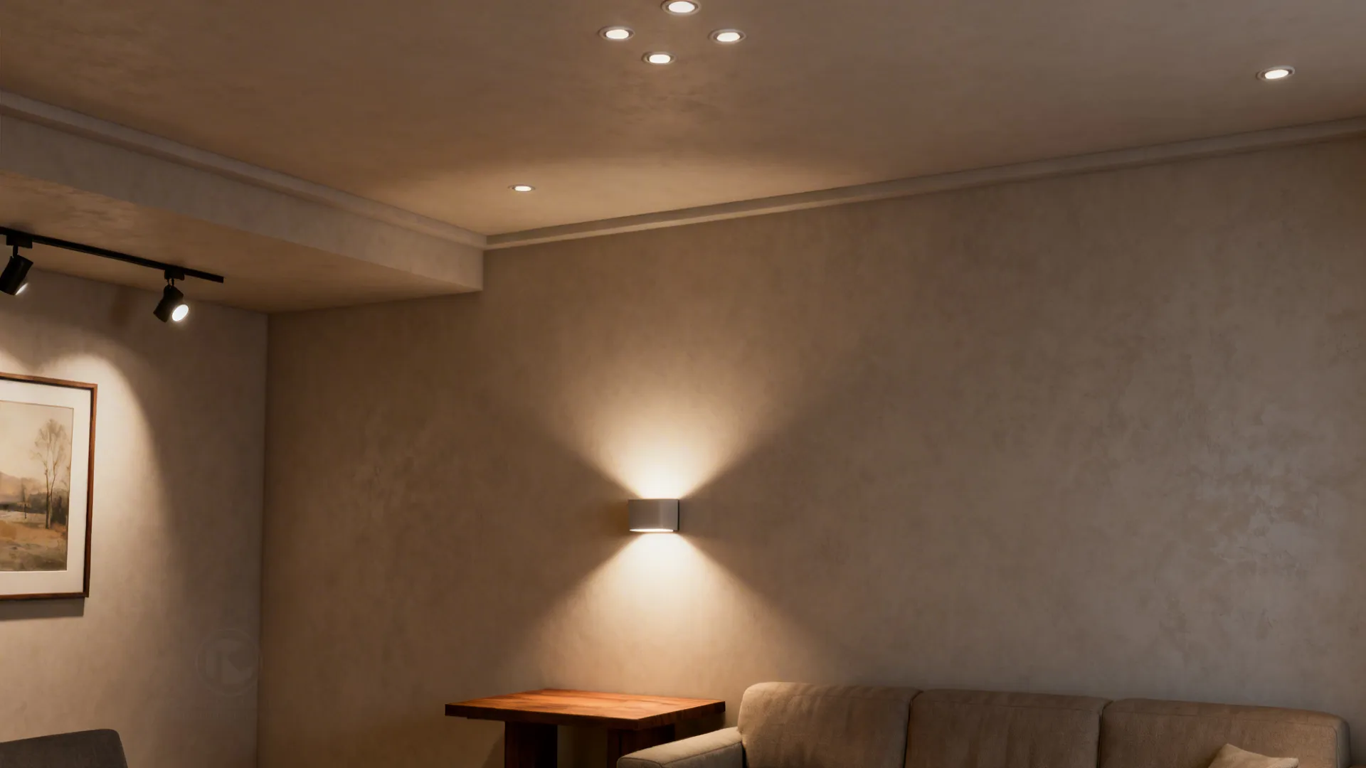 Living room showing recessed ambient lights, a mid-level sconce, and track lights highlighting artwork.