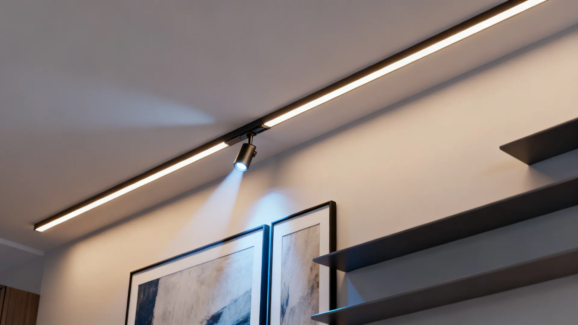 Slim ambient track and secondary accent track highlighting artwork and shelves.